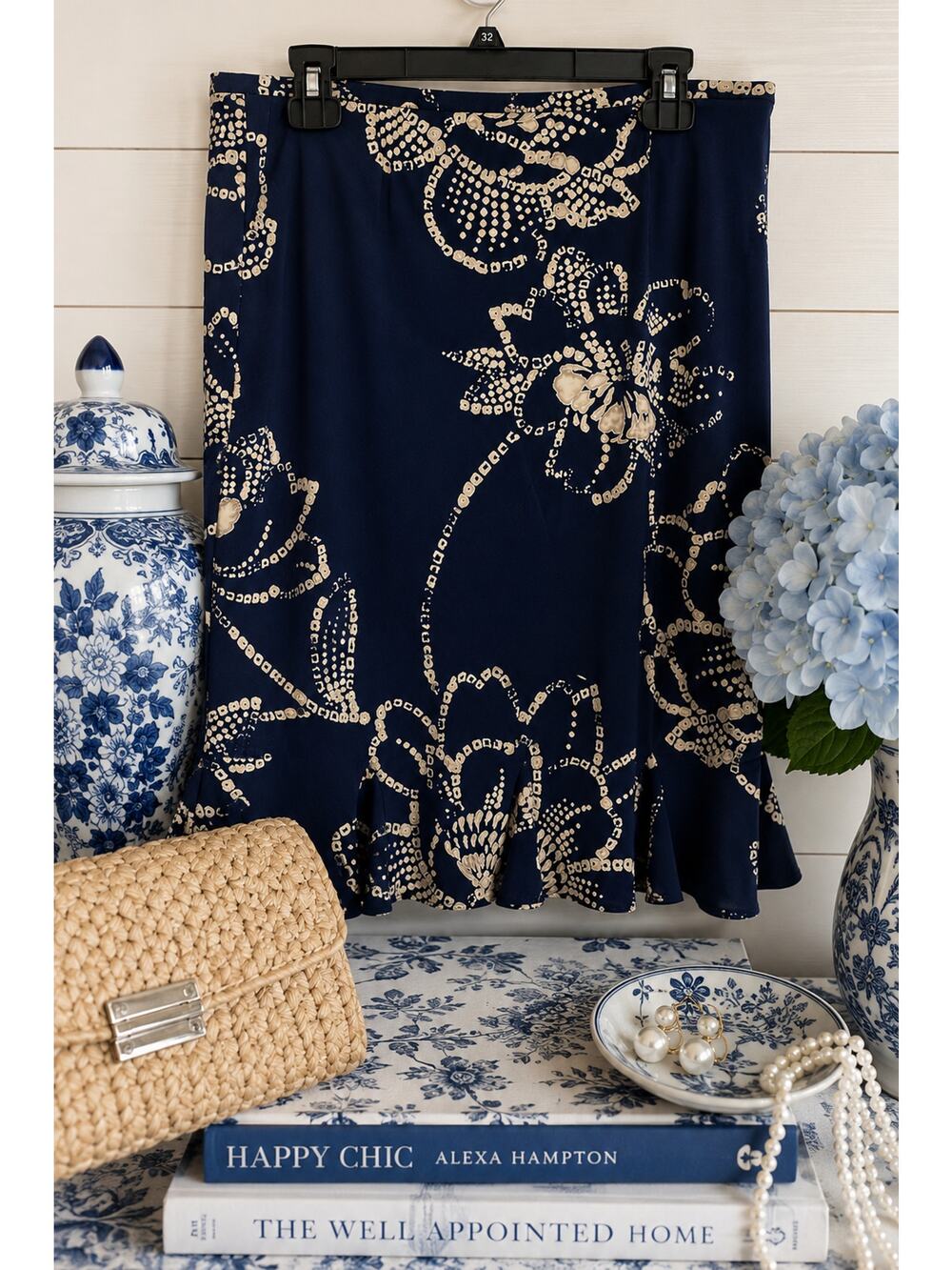Express Blue Floral Mermaid Hem Midi Skirt Size Large